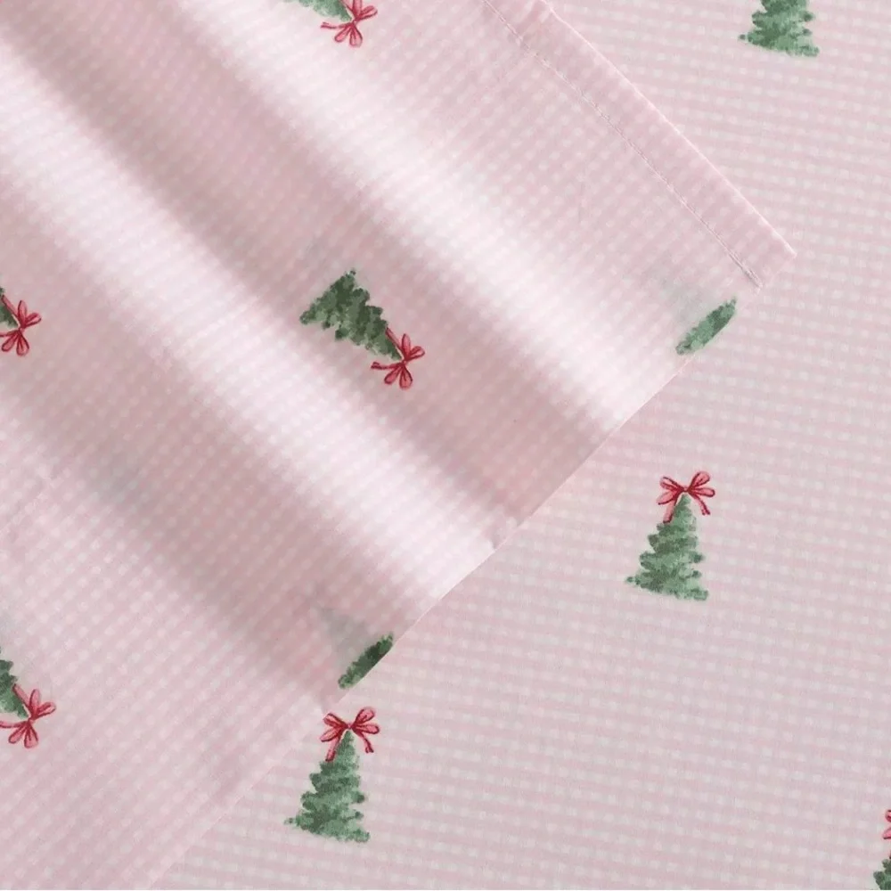 HTF Pink Gingham 4 Pc Laura Ashley Queen Trees & Pink Bows Sheets Viral Style